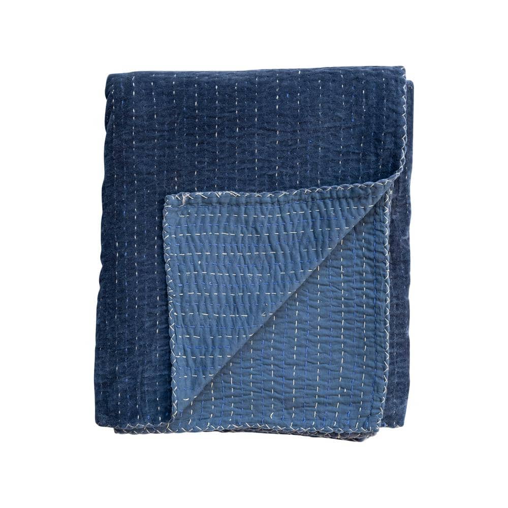 Navy Blue Cotton Velvet Throw Blanket with Kantha Stitch