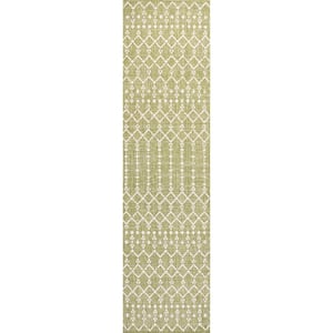 Ourika Moroccan Geometric Textured Weave Light Green/Cream 2 ft. x 10 ft. Indoor/Outdoor Area Rug