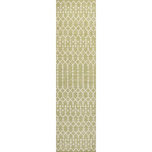 Ourika Moroccan Geometric Textured Weave Light Green/Cream 2 ft. x 10 ft. Indoor/Outdoor Area Rug