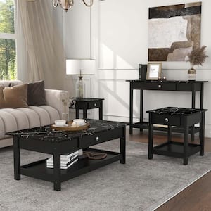 Dingo 4-Piece 41.75 in. Black Rectangle Faux Marble Coffee Table Set with Drawers and Shelves