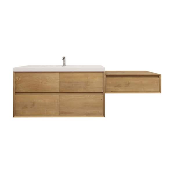 Kingdee 77 in. W x 20 in. D x 26 in. H Single Sink and Side Table Counter Bath Vanity in Teak Oak with White Acrylic Top