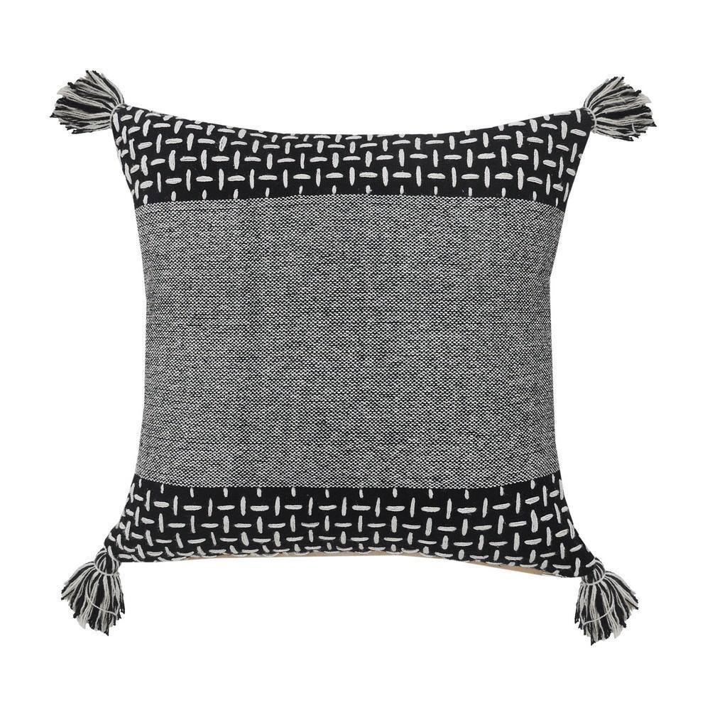 LR Home Interwoven Dash 20" Square Black/White Cotton Throw Pillow with Tassels