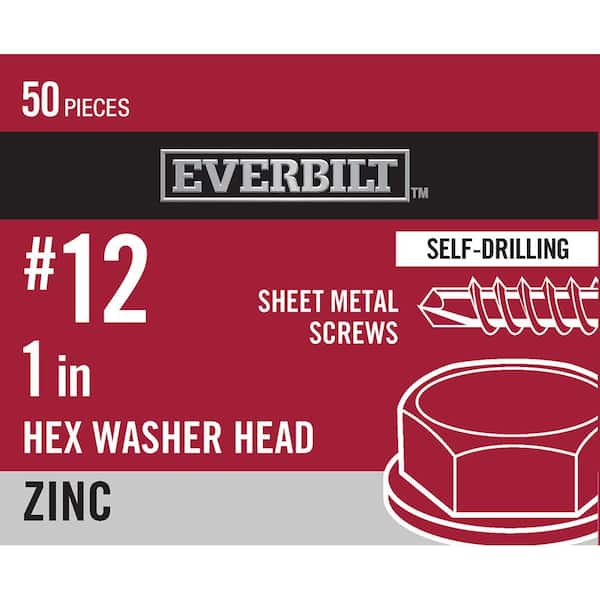Everbilt #12 x 1 in. Zinc Plated Hex Head Sheet Metal Screw (50-Pack)