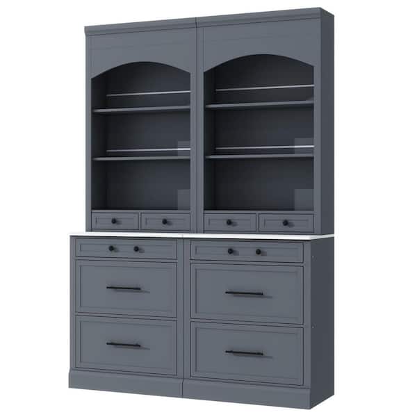51 in. W x 18 in. D x 84 in. H (Set of 2) Gray Linen Cabinet, High Freestanding Kitchen Wooden Pantry w/ Faux Marble Top