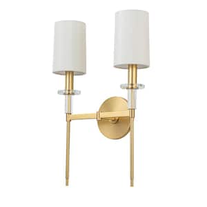 Sophia 11.4 in. 2-Light Brass Wall Sconce with Fabric Shade and Crystal Accents