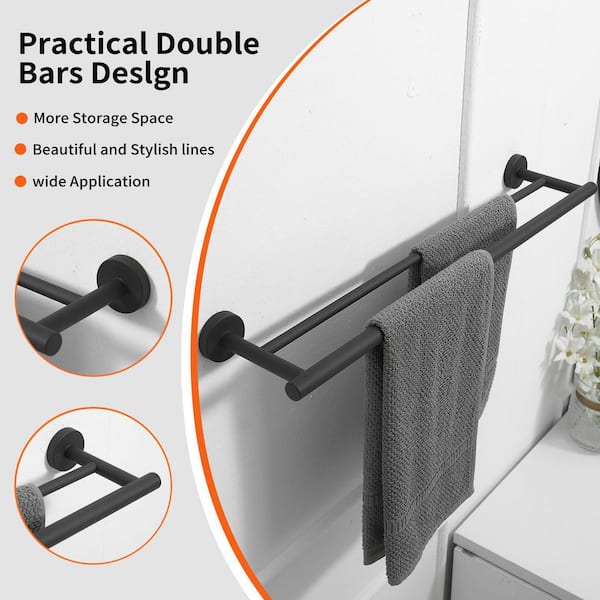 Stainless Steel 24 in. Wall Mounted Double Towel Bar Towel Rack in Matte Black