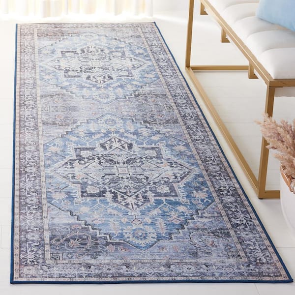Tucson Blue/Charcoal 3 ft. x 8 ft. Machine Washable Medallion Floral Border Distressed Runner Rug