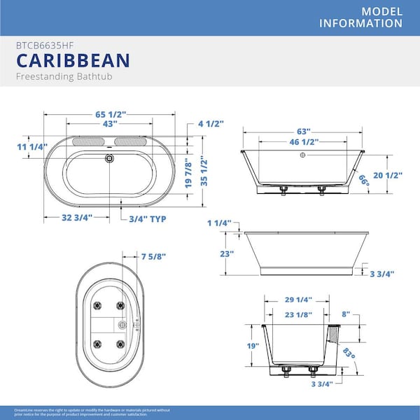 Caribbean 66 in. x 35.5 in. Acrylic Freestanding Soaking Bathtub with Center Drain in White