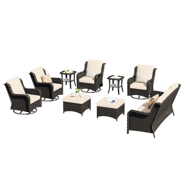 Janus Brown 9-Piece Wicker Patio Conversation Seating Set with Beige Cushions and Swivel Chairs