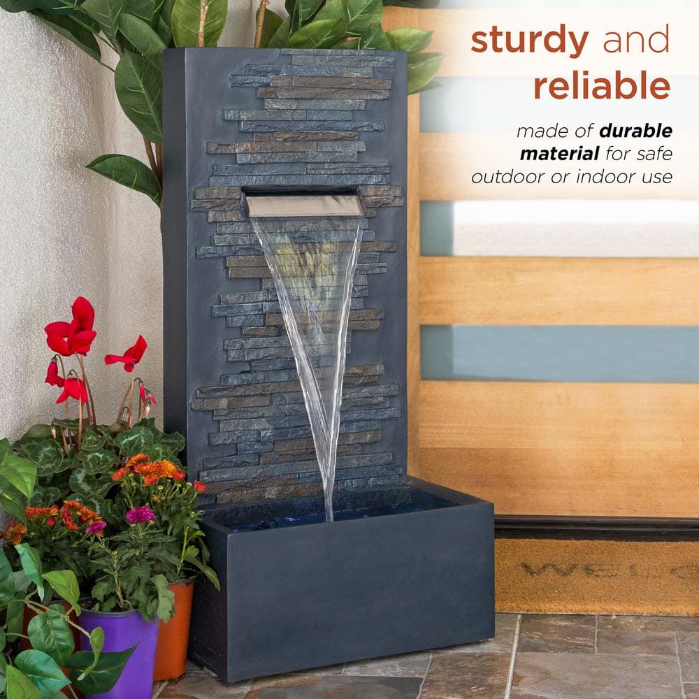 Gray Polystone and Fiberglass Cascading Wall Fountain with LED Lights