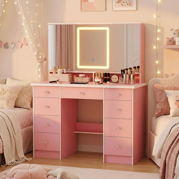 FUFU&GAGA Pink Modern Makeup Vanity Desk 9-Drawers Wood Dressing Table with  3 Mirrors, Hidden Storage Shelves, LED Lighted Lights KF210213-07 - The  Home Depot