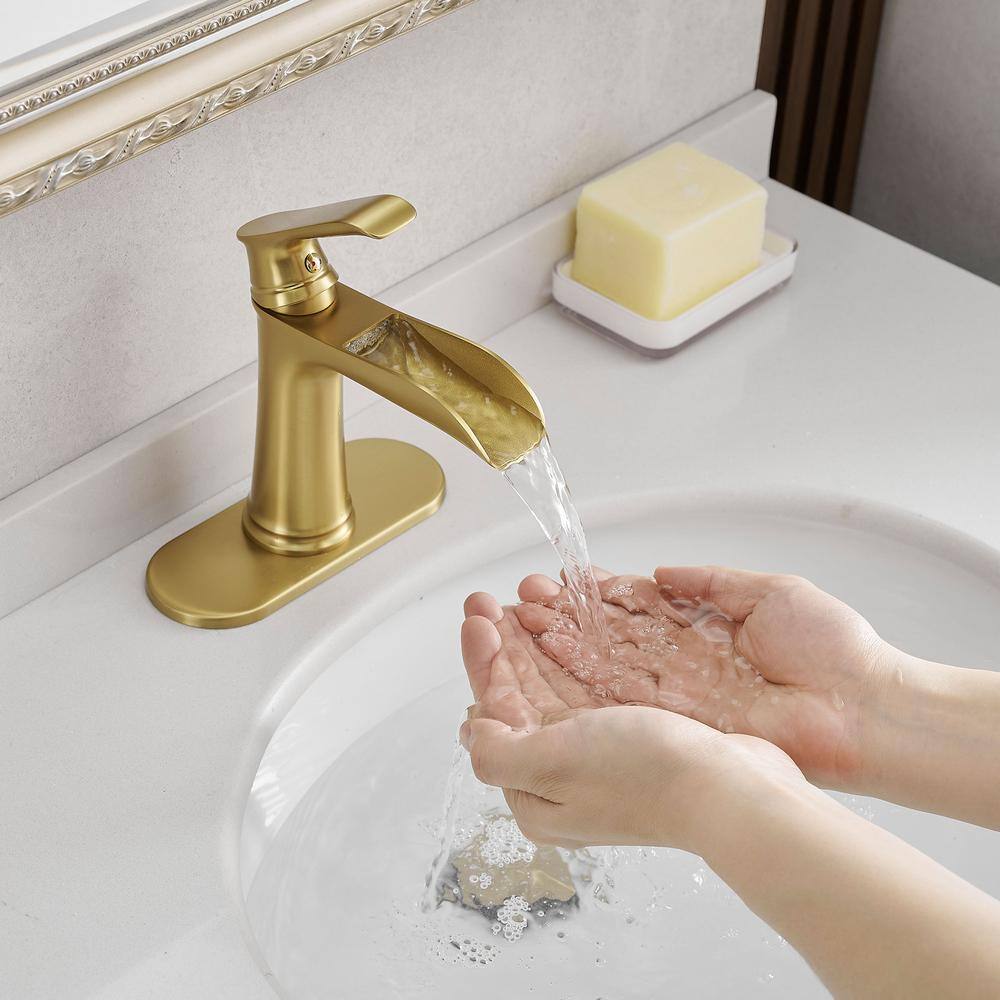 Brushed Gold Brass Single Handle Waterfall Bathroom Faucet