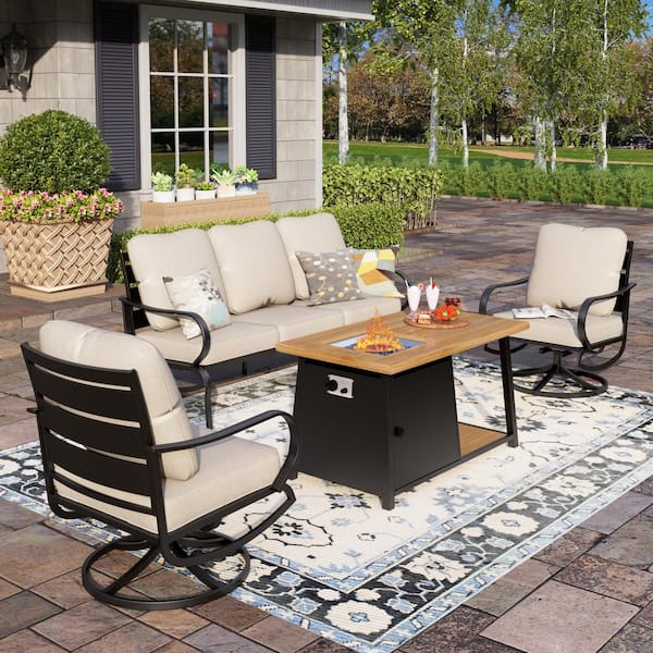 PHI VILLA Black Slatted 4-Piece Metal 5 Seat Steel Outdoor Patio Conversation Set with Beige Cushions, Rectangular Fire Pit Table