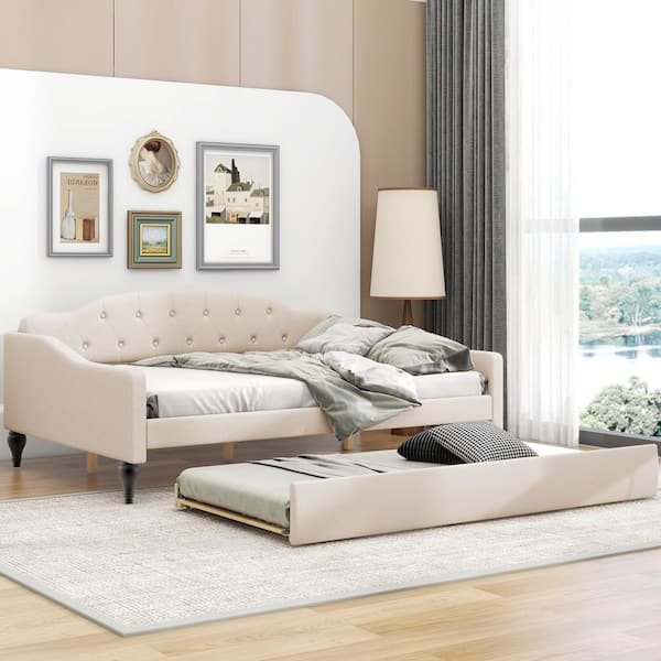 Beige Full Size Tufted Upholstered Daybed with Twin Size Trundle