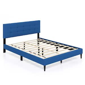 Blue Wood Frame Queen Platform Bed with Mattress Foundation Button Tufted Headboard