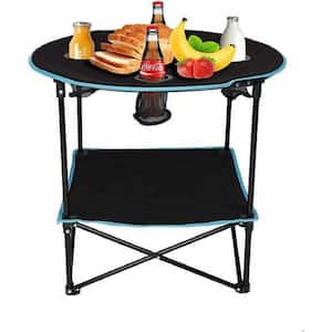 Folding Black Steel Camping Picnic Collapsible Round Table with 4 Cup Holders and Carry Bag