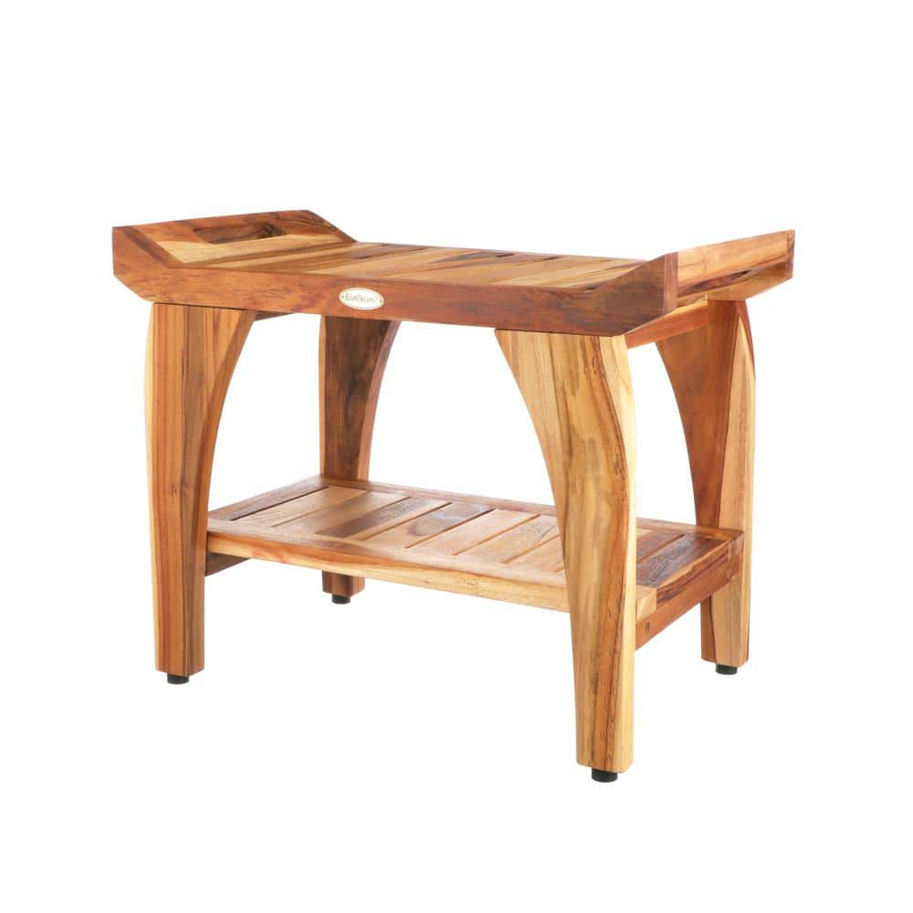 EcoDecors EarthyTeak Eleganto 24 inch Teak Shower Bench with Shelf and Ergonomic LiftAide Arms