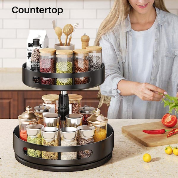 2-Tier Adjustable Height Metal Spice Organizer Shelf Black 360