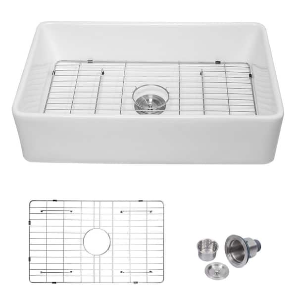 Sarlai 30 in. Single Bowl White Porcelain Ceramic Round Corner Farmhouse/Apron Front Kitchen Sink with Bottom Grid