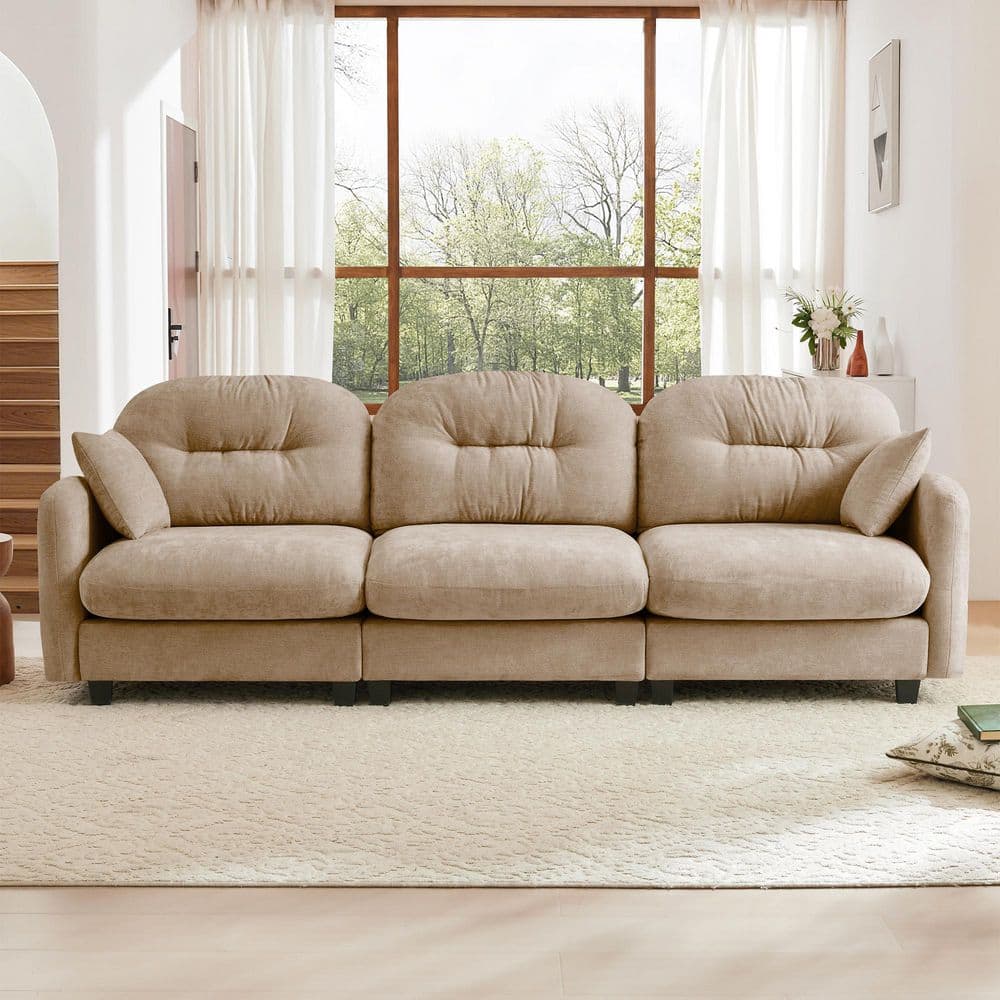 Declan 107 in. Chenille Upholstered Cloud Rectangle Sectional Sofa in. Brown with 2-Pillows, Camel