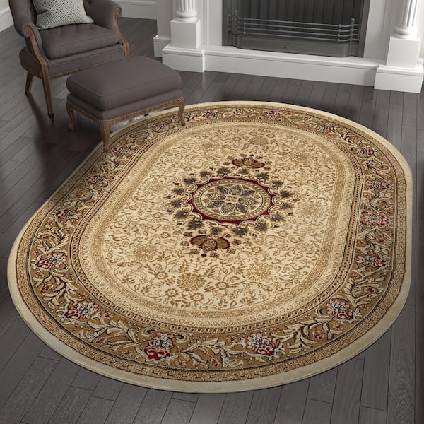 Sensation Oriental Ivory 5 ft. x 8ft. Oval Indoor Area Rug