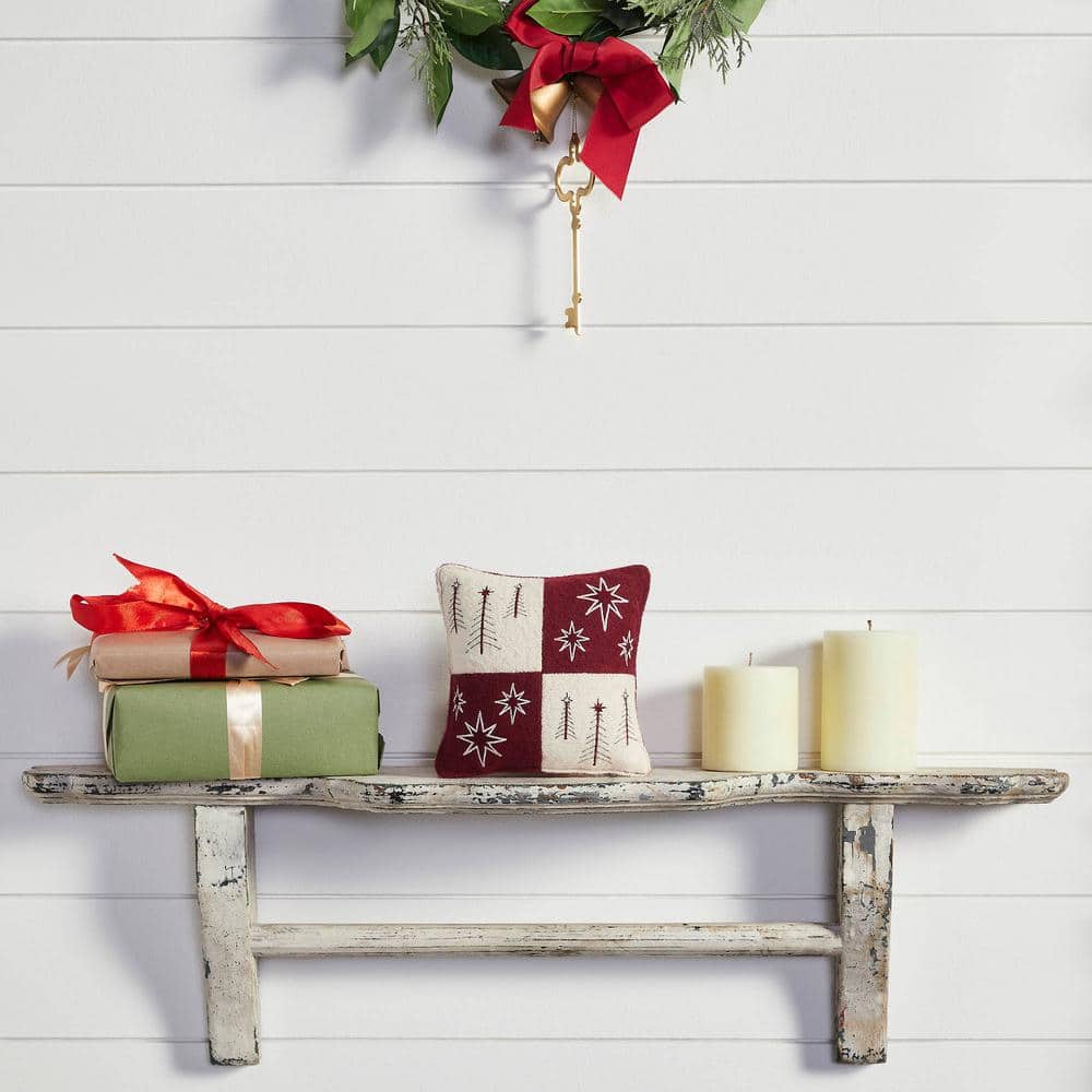 Burgundy and Creme Embroidered Christmas Patch Pillow 6x6