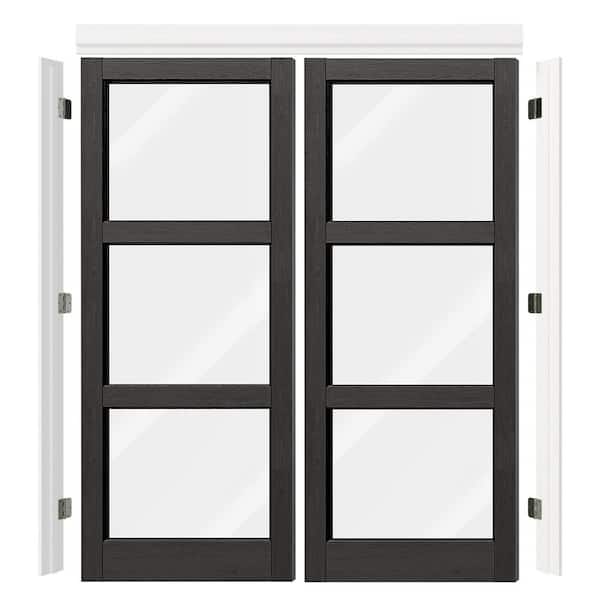 64 in. x 80 in. 3-Lite Clear Glass Black PVC Covering MDF. Wood Universal Pre-hung French Door with Quick Assemble Jamb