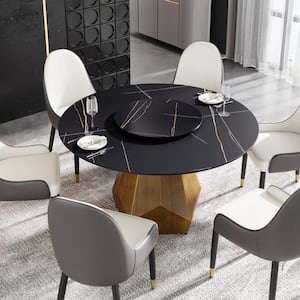 53 in. Black Circular Rotable Sintered Stone Tabletop with Lazy Susan Pedestal Base Kitchen Dining Table (Seats-6)