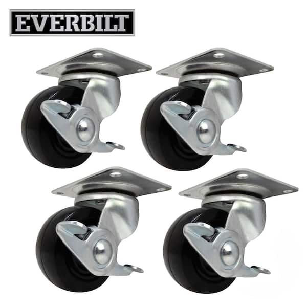 2 in. Black Soft Rubber and Steel Swivel Plate Casters with Locking Brake and 90 lbs. Load Rating 4 Pack