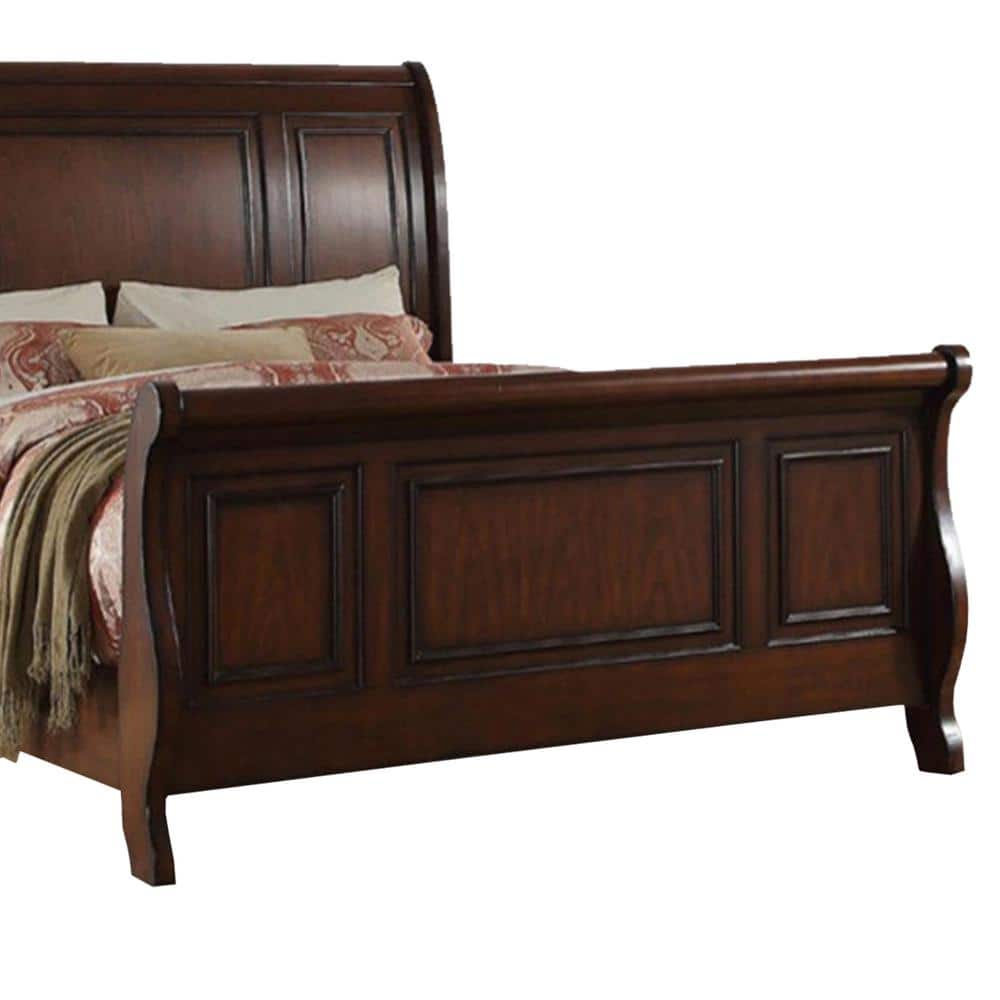Classic Sleigh Queen Bed Frame in Dark Pine with Upholstered Headboard