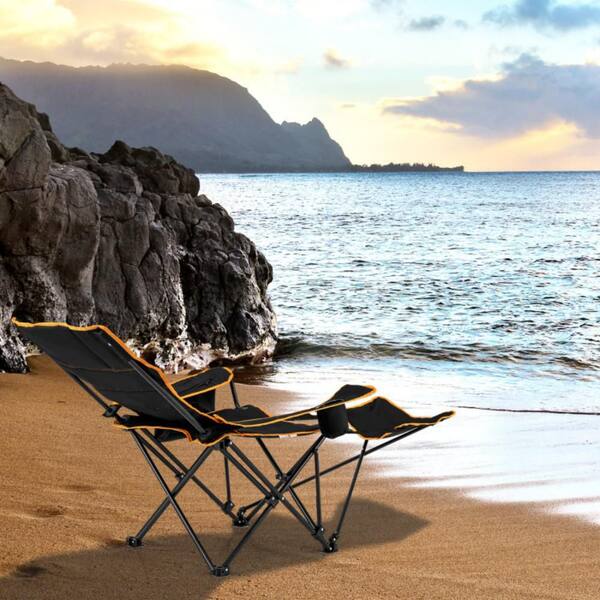 Kadehome Black Metal Folding Beach Chair with Detachable Footrest