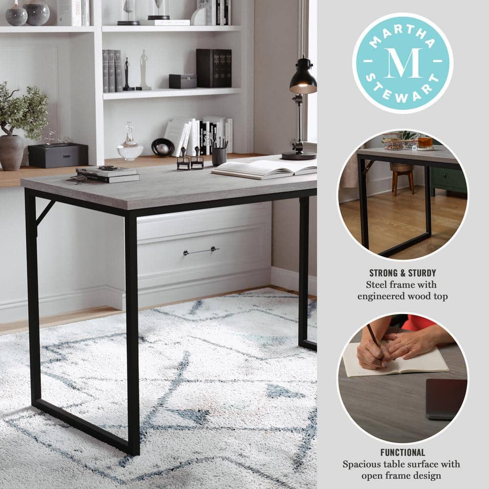 Gray Wood Grain Parsons Desk with Oil Rubbed Bronze Frame