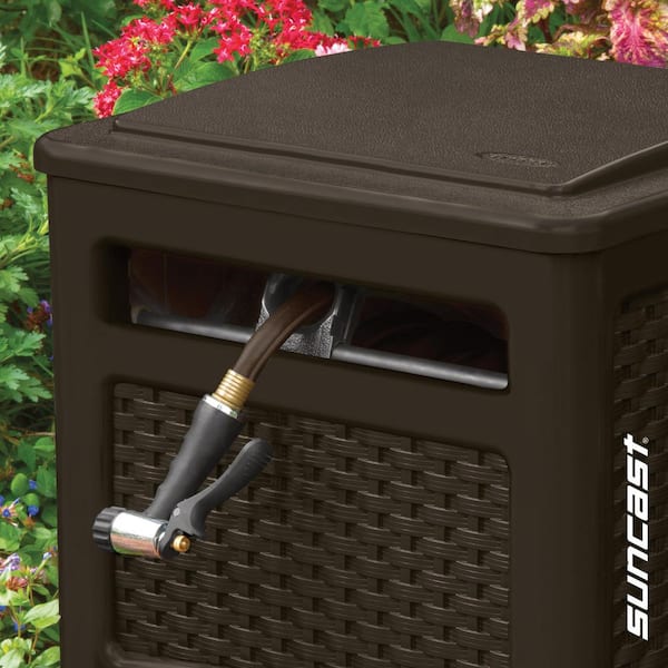 175FT Hideaway Garden Hose Reel With Storage Bin – Resin Guide Holder In Brown