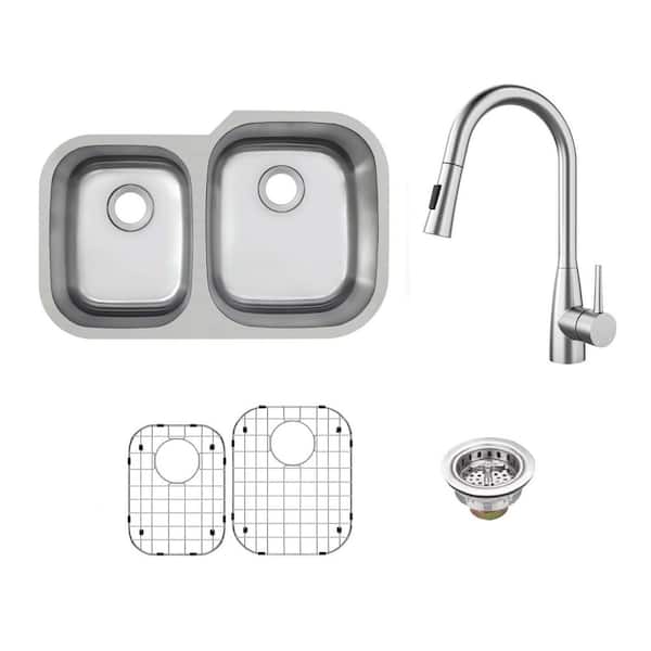 31.5 in. Undermount 40/60 Double Bowl 18-Gauge Stainless Steel Kitchen Sink with Pull Down Sprayer Kitchen Faucet