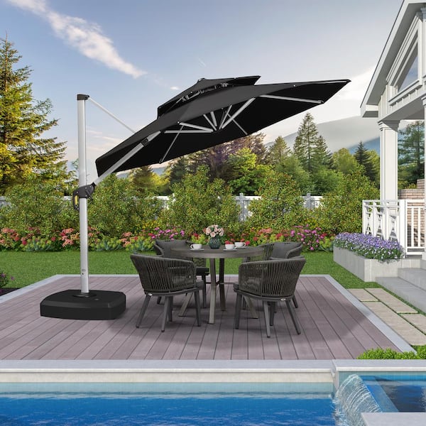 PURPLE LEAF 10 ft. Octagon High-Quality Aluminum Cantilever Polyester Outdoor Patio Umbrella with Wheels Base, Black