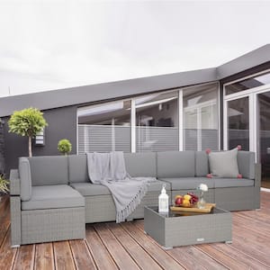 Gray 7-Piece Wicker Outdoor Sectional Set with Coffee Table and Gray Cushions