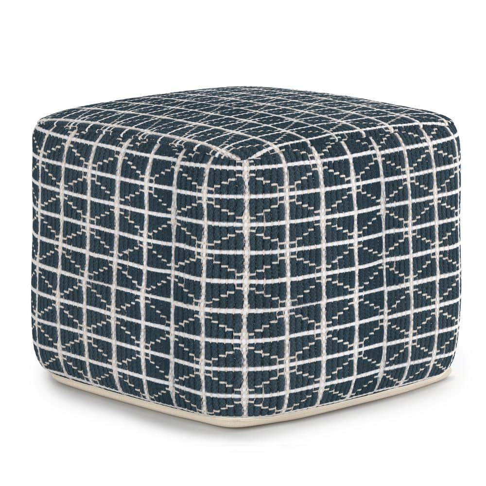 Simpli Home Noreen Boho Square Pouf in Dark Blue and White Handloom Woven Pattern