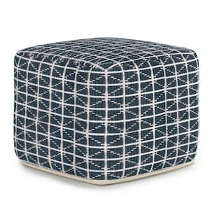 Noreen Boho Square Pouf in Dark Blue and White Handloom Woven Pattern