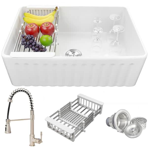 White Fireclay 30 in. Single Bowl Apron-Front Kitchen Sink with Faucets and Basket Strainer