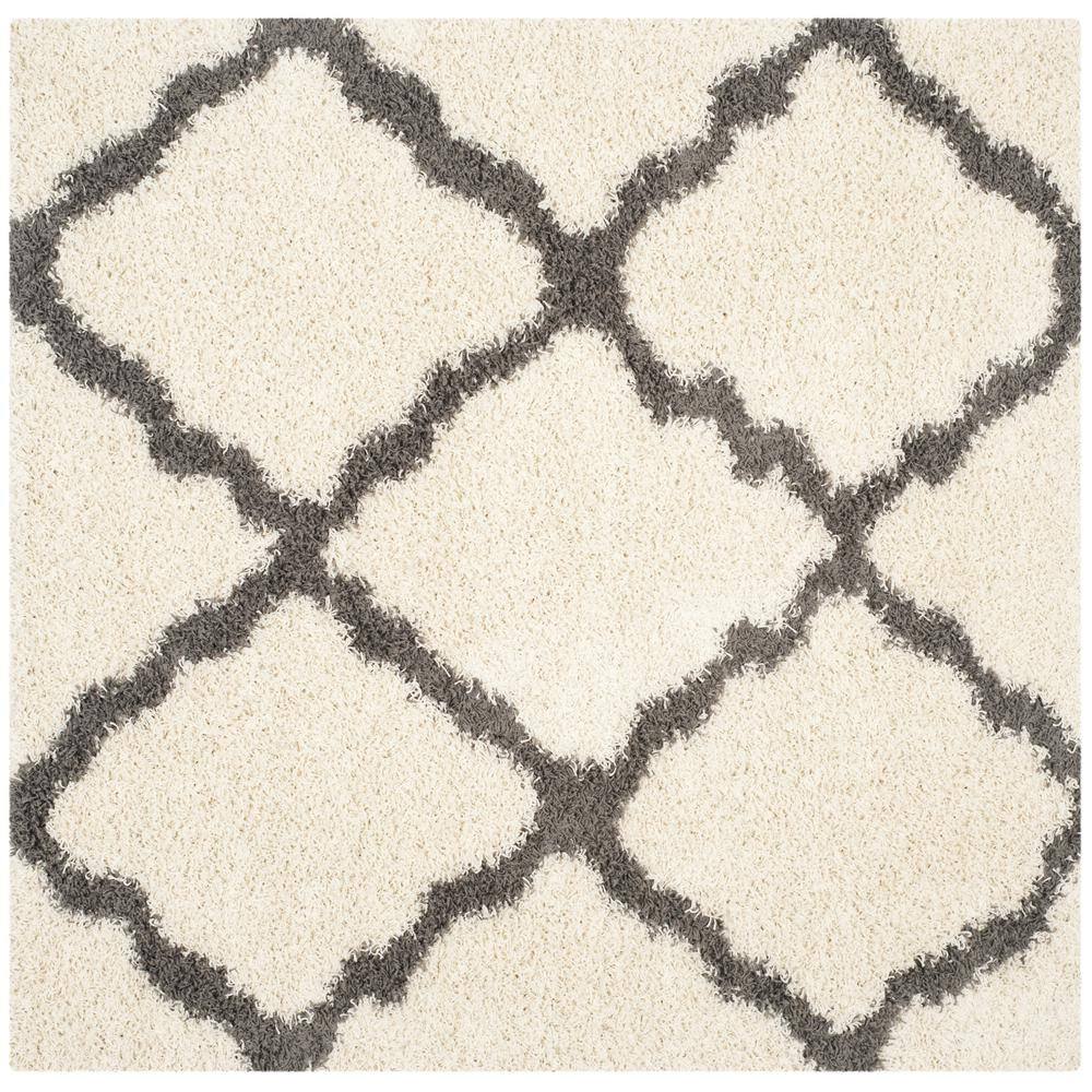 Ivory & Dark Grey Geometric Shag Square Rug, Easy Care Synthetic 6'x6'