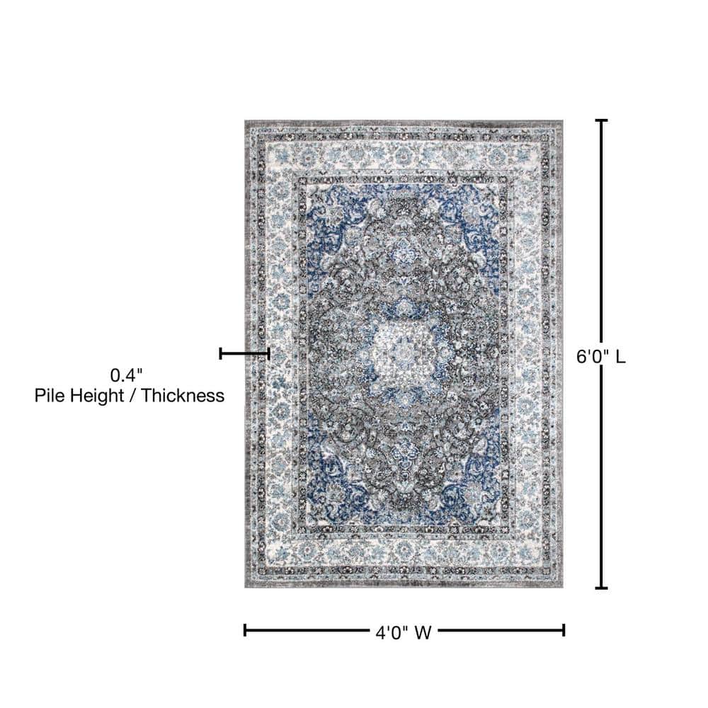 Reversible Dark Gray Synthetic 4'x6' Persian-Inspired Area Rug
