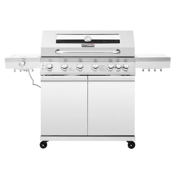 Deluxe Stainless Steel 6-Burner Gas Grill with Side & Infrared Rear Burners, LED Knobs & Glass View Window, Silver