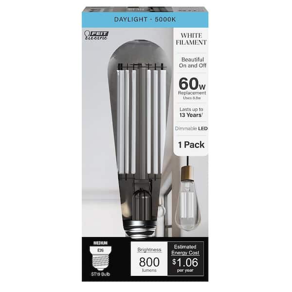 Feit Electric 60-Watt Equivalent ST19 Dimmable White Filament Clear Glass E26 Vintage Edison LED Light Bulb, Daylight 5000K