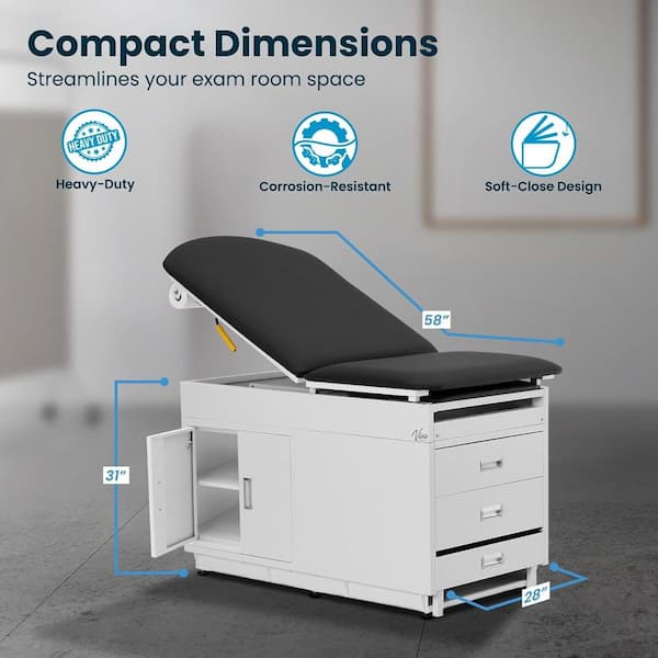 500 lbs. Capacity Steel Grande Underneath Cabinet Adjustable Back Exam Table with Step Stool and Drawers, Black
