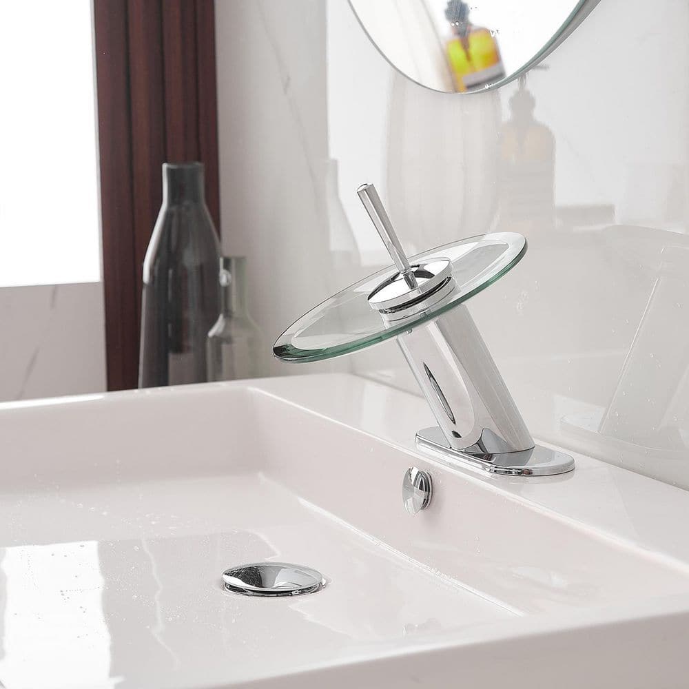Polished Chrome Single Handle Waterfall Bathroom Faucet with Glass Spout