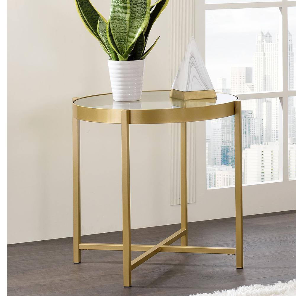 Charrot 24" Round Gold Metal and Glass End Table