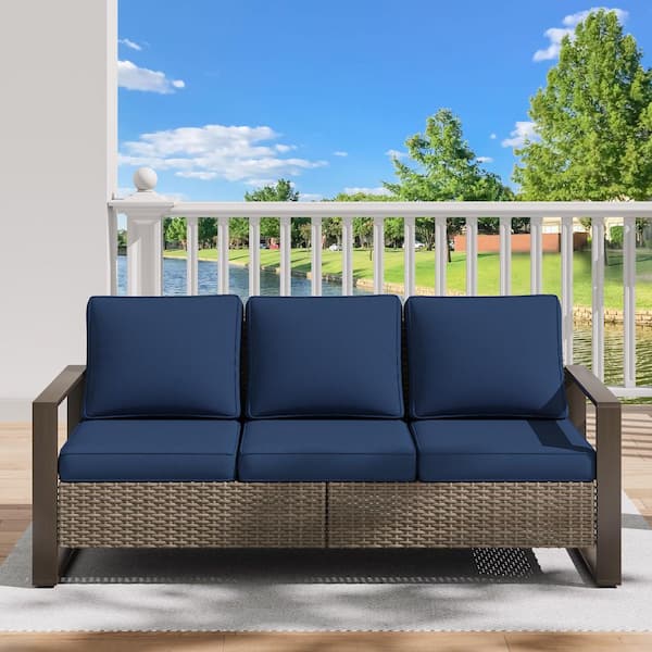JOYSIDE 3-Seat Wicker Outdoor Patio Sofa Steel Frame Sectional Couch with Dark Blue Cushions