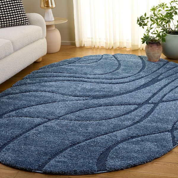 Florida Shag 6 ft. x 8 ft. Oval Light Blue/Blue Solid Color Area Rug