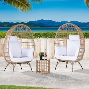 3-Piece Wicker Round Side Table Outdoor Bistro Set Wicker Egg Chair with White Cushion