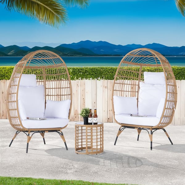 BFB 3-Piece Wicker Round Side Table Outdoor Bistro Set Wicker Egg Chair with White Cushion